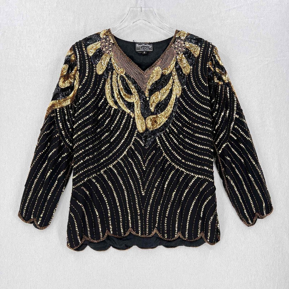 VINTAGE 80s Sequin Top Women Small Black Gold Beaded Silk Party Blouse Disco - Picture 2 of 16